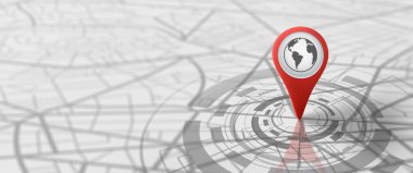 GPS Navigasyon Sokak Haritası ve güzergahlarında Pin simgesi var. Harita ve iğne işareti konumu. Lojistik, coğrafya, ulaşım, seyahat ve navigasyon GPS konsepti. 3B Hazırlama.