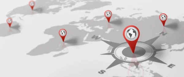 Gps导航世界地图与红粉图标 地图和别针标记位置 旅行和导航全球定位系统概念 3D渲染 — 图库照片