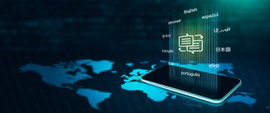 Çeviri sembollü akıllı telefon, oklu baloncuk ve en iyi on internet kullanıcı dilinin metni. Çevrimiçi çevirmen, çevirmen uygulaması, dil kursu ve e-öğrenme konsepti. 3B illüstrasyon.