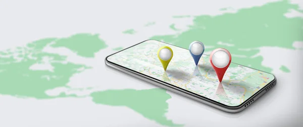 Gps导航地图在红 黄指尖智能手机上的应用 路径图 屏幕上有位置精确符号和世界地图背景 3D渲染 — 图库照片
