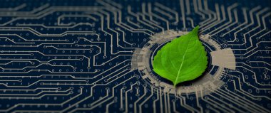 Bilgisayar devre kartının birleşme noktasında yeşil yaprak var. Dijital Yakınsama ve Teknolojik Yakınsama ile Doğa. Green Computing, Green Technology, Green IT, CSR ve IT etik kavramı.