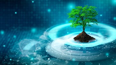 Bilgisayar devre kartının kesişme noktasında toprak büyüyen ağaç. Mavi ışık ve kablo şebekesi arka planı. Green Computing, Green Technology, Green IT, CSR ve IT etik kavramı.