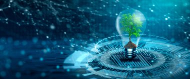 Ampulde toprak büyüyen ağaç. Dijital Yakınsama ve Teknoloji Yakınsaması. Mavi ışık ve şebeke arka planı. Green Computing, Green Technology, Green IT, CSR ve IT etik kavramı.