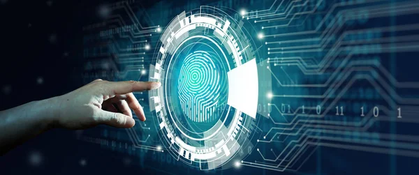 Affärsman Med Fingeravtrycksläsning Fingeravtrycksläsning Ger Tillgång Till Biometrisk Identifiering Den — Stockfoto