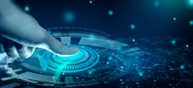 İş adamı parmak izi taraması yapıyor. Parmak izi taraması dijital yakınsamada biyometrik tanımlama sağlar. Teknoloji, Güvenlik ve Kimlik Konsepti.