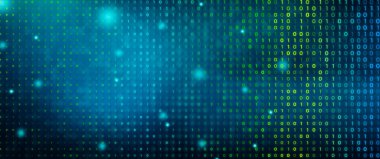 Soyut İş Bilgi Teknolojisi arka plan kavramı. Kod Programlama, Dijital İkili ve Dünya haritası mavi renk arka planında. Panoramik Yatay Tasarım ve Kopyalama Uzayı.