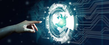 Küresel ağa ve gelecekteki hologram teknolojisine ilişkin veri alışverişine önderlik eden bir iş adamı. Soyut mavi arkaplan ile Dijital ve Teknolojik Yakınsama ile Küresel Uluslararası Bağlantı. 