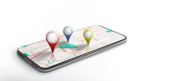Smartphone 'da navigasyon ve coğrafi konumlandırma. Ekranda kırmızı veya diğer pin noktalarıyla GPS Uydu Uydu Uygulaması. İzole edilmiş mobil ve 3D resimli uygulama navigasyon haritası .