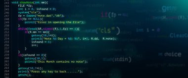 Soyut Modern Programlama Kod Geliştiricisi Teknolojisi. Yazılımın Bilgisayar betiği ve Teknoloji arka planının C Programlama Dili.