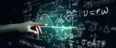 Fen formülü ve matematik denkleminin soyut kara tahta arkaplanı. Matematik veya Kimya Eğitimi, Yapay Zeka Konsepti.