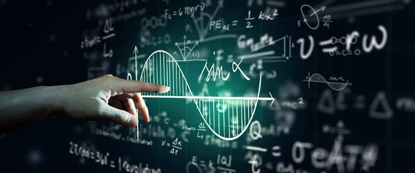 Hand Auf Naturwissenschaftsformel Und Mathematische Gleichung Abstrakte Tafel Hintergrund Mathematik — Stockfoto