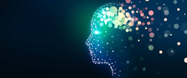 Parlak bir beyin ağıyla insan kafası tasviri. Dijital beyin, Analiz Bilgileri, Siber zihin, Derin ve Makine Öğrenme, Bilinç, Yapay Zeka, Teknoloji arka planı.