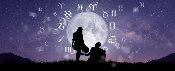 Signos Del Zodiaco Astrológicos Dentro Del Círculo Del Horóscopo Pareja — Foto de Stock