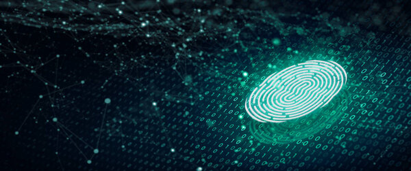 Технология безопасности будущего. Сканирование отпечатков пальцев обеспечивает доступ к безопасности с двоичным кодом на глубоком синем фоне. Концепция защиты отпечатков пальцев. 3D Render.