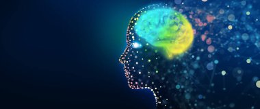 Parlak bir beyin ağı olan insan kafası. Dijital beyin, Analiz Bilgileri, Siber zihin, Derin ve Makine Öğrenme, Bilinç, Yapay Zeka, Teknoloji arka planı.