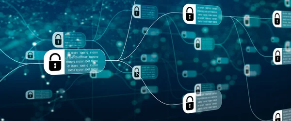 Technologia Blockchain Diagramem Łańcucha Zaszyfrowanych Bloków Abstrakcyjnym Tle Rozproszona Technologia — Zdjęcie stockowe