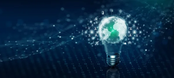 Glödlampa Global Affärsteknik Och Människor Nätverk Gemenskap Idé Anslutning Och — Stockfoto