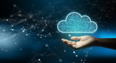 İş adamı, Cloud 'un bilgisayar teknolojisi internet depolama ağını tutuyor. Bulut servisi, Bulut teknolojisi ve Bulut depolama kavramı. 