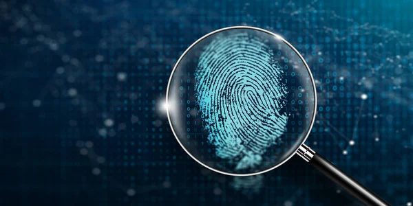 Memperbesar Kaca Dan Biometrik Teknologi Otentikasi Dengan Kode Biner Fingerprint — Stok Foto