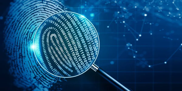 Memperbesar Kaca Dan Biometrik Teknologi Otentikasi Dengan Kode Biner Fingerprint — Stok Foto