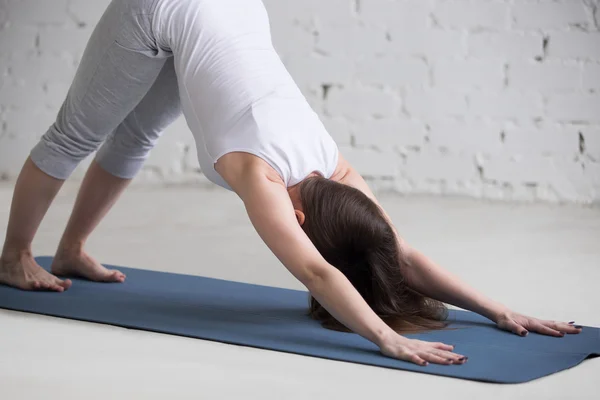 Attraktiv ung kvinna gör nedåt inför hund pose i vit l — Stockfoto