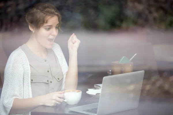 Portret van euforische vrouw kijken naar haar laptop — Stockfoto