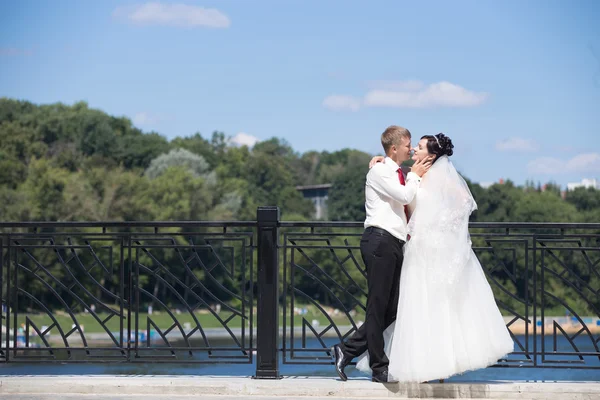 Bruidspaar knuffelen op de brug — Stockfoto