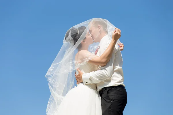 Portrait of kissing newlyweds — Stock Photo, Image