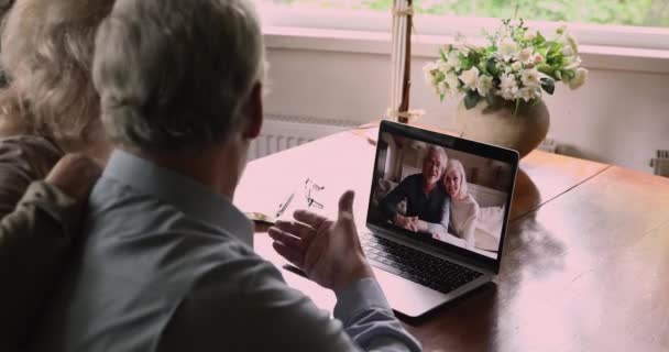 Casal de idosos conversando com amigos cônjuges usando aplicativo de chamada de vídeo — Vídeo de Stock