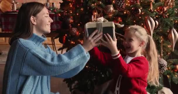 La madre fa un regalo a sorpresa alla figlioletta a Natale — Video Stock