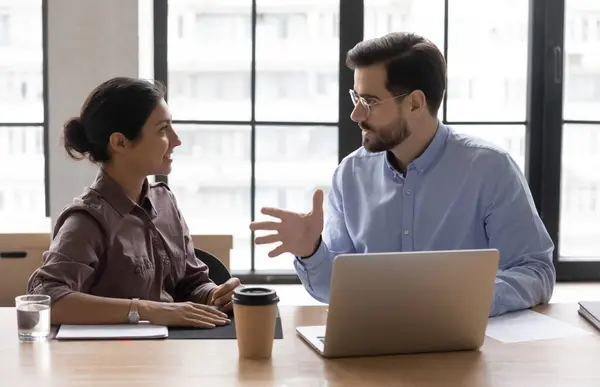 Diverse businesspeople talk discuss business project at meeting — Stock Photo, Image