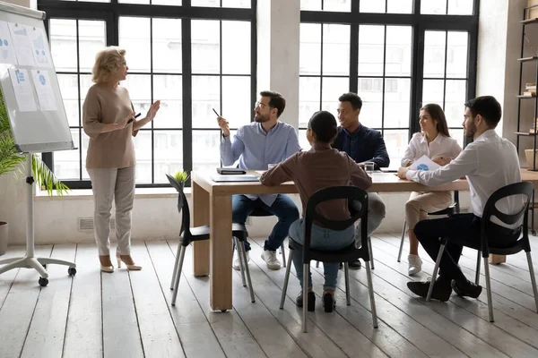 Mujer de negocios de mediana edad hablar hacer presentación de barba blanca en la reunión — Foto de Stock