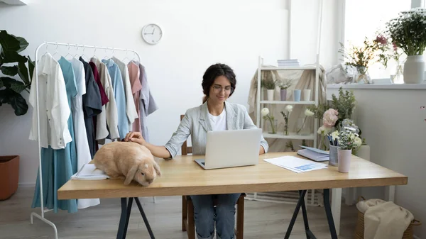 Mutlu kadın tasarımcı dizüstü bilgisayarda tavşanla oynuyor. — Stok fotoğraf