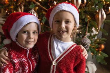 Gülümseyen küçük çocukların portresi Noel ağacının yanında poz veriyor