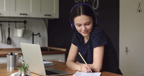 Trevlig ung kvinna som håller utbildning videosamtal. — Stockvideo