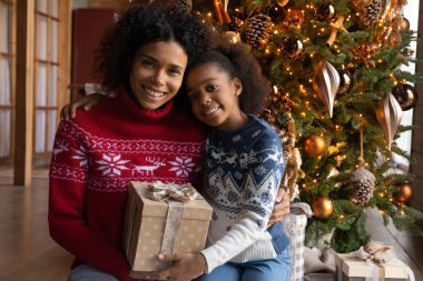Gülümseyen Afrikalı Amerikalı kadın ve kızı Noel 'i kutluyor.