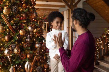 Afrikalı Amerikalı çocuk ve babası Noel ağacını süslüyor. Çak bir beşlik.