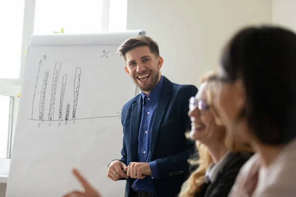 Smiling millennial man trainer encouraging trainee for good idea