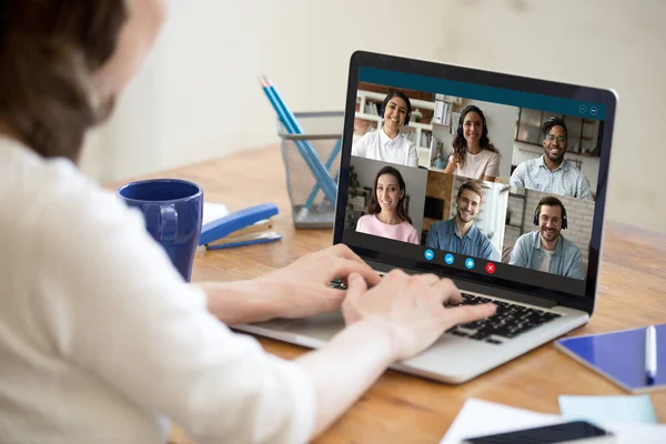 Happy millennial mixed race friends communicating by video call. — Stock Photo, Image