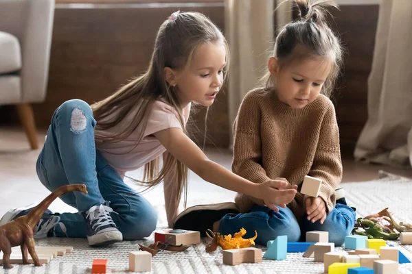 Two sisters play together wooden brick and dinosaurs toys set