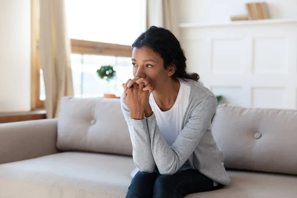 Sad African American woman feel depressed at home — Stock Photo, Image