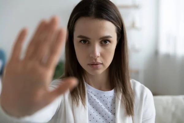 Head shot portrait close up confident woman showing stop gesture — Stock Photo, Image