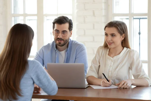 Diverse recruiters interview female candidate in office — Stock Photo, Image