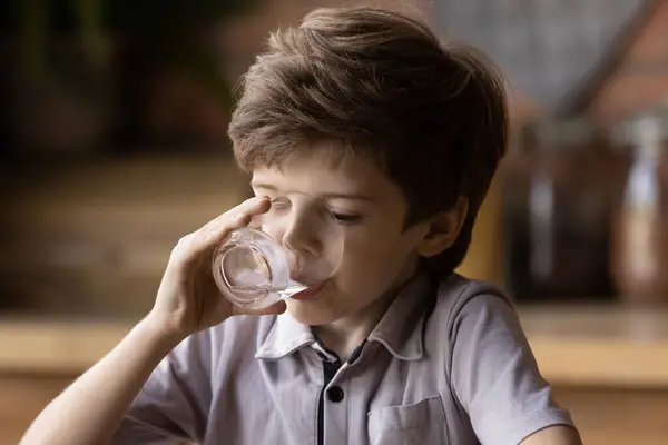 Glädjande barn pojke dricka rent sötvatten njuta av naturlig smak — Stockfoto