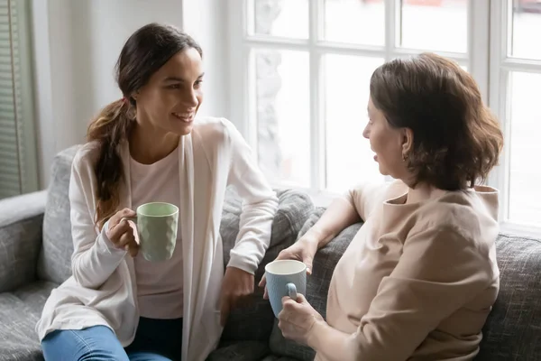 Close up happy grownup daughter and mature mother chatting — Stock Photo, Image