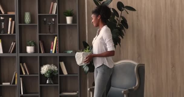 Afrikaanse vrouw krijgen woonkamer in orde in nieuwe huis — Stockvideo