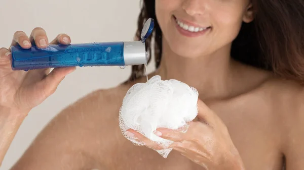 Close up of woman use shower gel washing — Stock Photo, Image