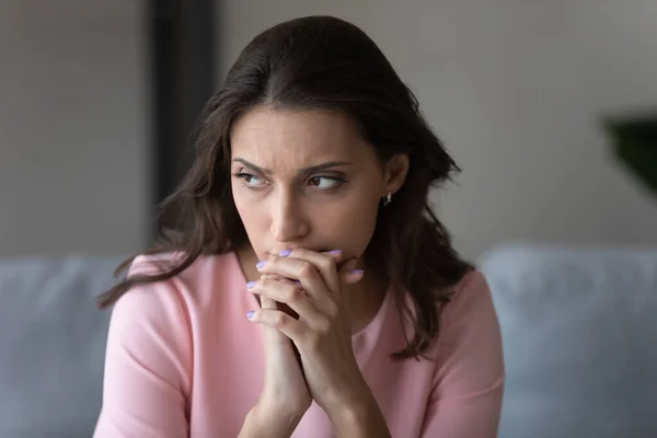 Worried indian Arabic woman look in distance thinking — Stock Photo, Image