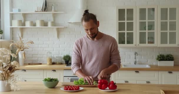 Mand holder kniv skære salat til vegetar salat – Stock-video