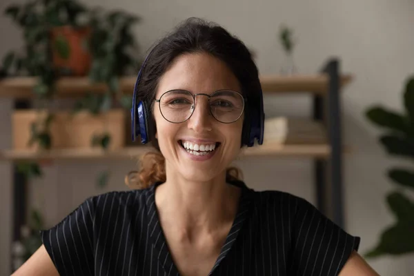Headshot portrait of woman in headphones have video call — Stock Photo, Image